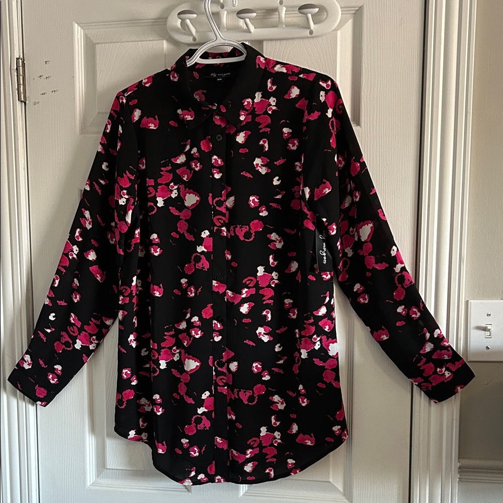 Women's Black Floral Button-Up Blouse with Pink Accents